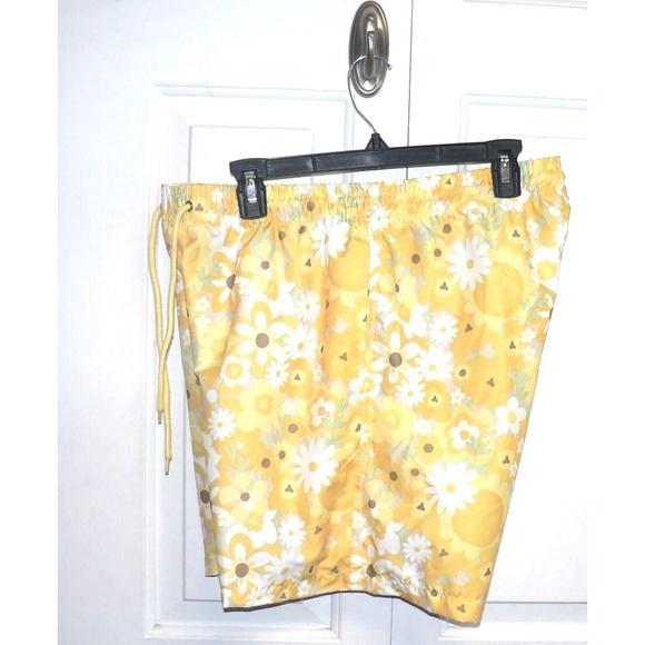 Free Planet Men's Elastic Waist Drawcord Floral Print Swim Trunks Yellow Large - Picture 7 of 9
